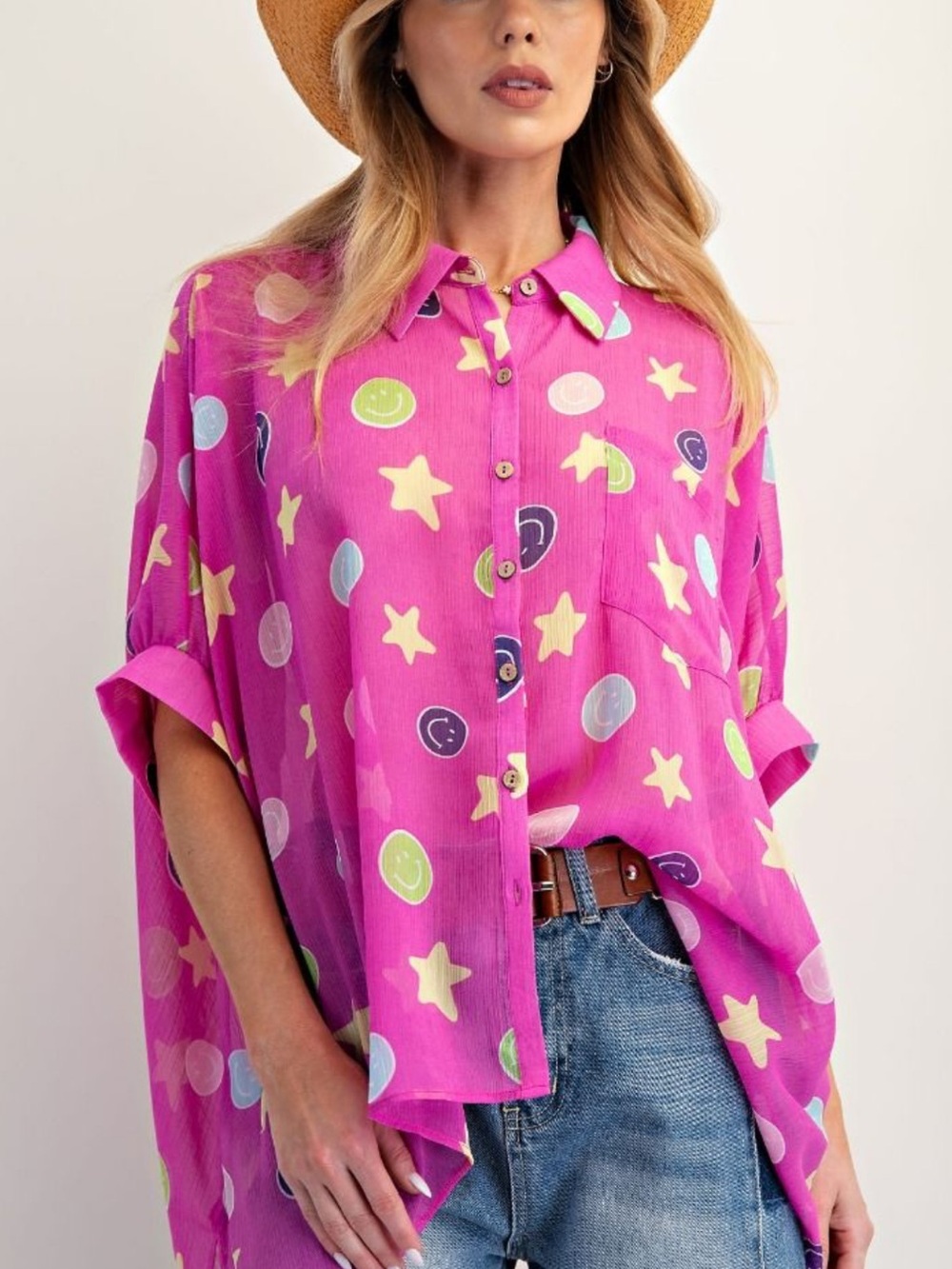 EASEL BRAND Bright Pink Star & Smile Print Sheer Button-Down Shirt - Picture 2 of 2